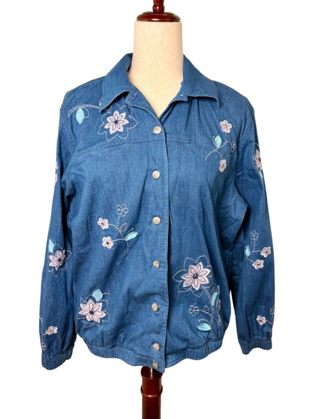 Alfred Dunner Blue Embroidered Denim Jacket Cottagecore Grandma Chic Size 8